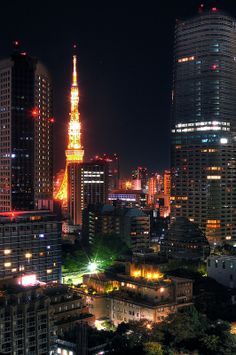 the city skyline is lit up at night with bright lights and skyscrapers in the background