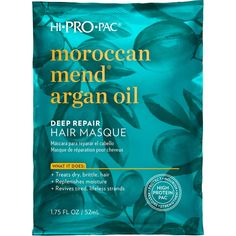 Say goodbye to dry, brittle hair, and hello to moisturized locks! Mend and repair over-processed hair with the moisturizing Hi-Pro-Pac Moroccan Mend Argan Oil Deep Repair Hair Masque. Formulated with Moroccan Argan Oil and Wheat Amino Acids, this hair mask is effective in treating dry, brittle, and overworked hair. Argan Oil regenerates, restructures, and hydrates your hair while Wheat Amino Acids provide powerful moisture binding and improved sheen. This hair treatment is safe for all hair type Repair Hair Mask, Argan Oil Hair Mask, Deep Conditioning Hair, Hydrating Hair Mask, Hair Repair Mask, Repair Hair, Lifeless Hair, Argan Oil Hair, Hair Masque