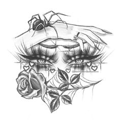 a drawing of a woman's face with roses and spider on her forehead,