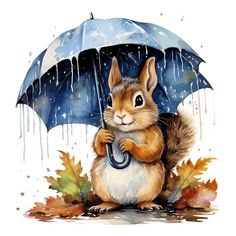 a squirrel holding an umbrella in the rain