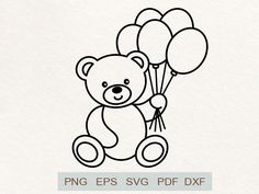 a black and white teddy bear holding balloons with the word png eps svg dxf