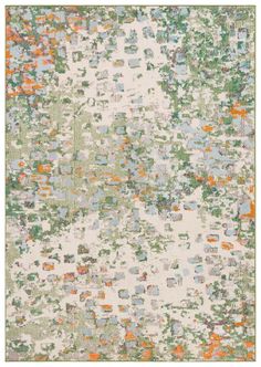 an area rug with many different colors and patterns on the ground, including green, orange,