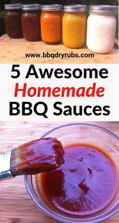 homemade bbq sauces in glass bowls on wooden table with text overlay reading 5 awesome homemade bbq sauces