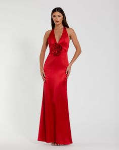 Fitted Satin Sleeveless Halter Gown With 3D Flower Silk Halter Neck Prom Gown, Formal Satin Halter Neck Gown, Satin Halter Neck Gown For Formal Occasions, Elegant Red Halter Dress For Prom, Satin Evening Dress For Prom And Red Carpet, Satin Evening Dress For Red Carpet And Prom Season, Satin Gown For Red Carpet Prom Season, Satin Gown For Red Carpet Or Prom, Halter Neck Satin Gown For Prom