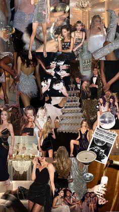 a collage of women dressed in black and white, including one woman wearing a dress