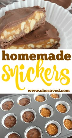 homemade snickkers with chocolate and peanut butter in the middle, on top of a muffin tin