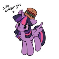 a pony with a hamburger on its head and the words silly girl written above it