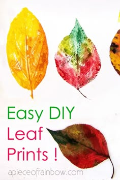 four leaf prints are shown with the words easy diy leaf prints written on them