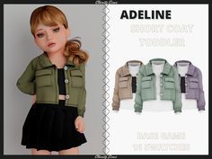 the doll is wearing a green jacket and black skirt