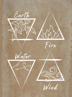 four different types of fire and water on parchment paper with the words earth, water, wind