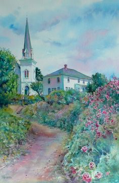 a painting of a church with flowers in the foreground and a path leading to it