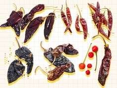 several different types of peppers are shown on a piece of lined paper with mustard sprinkles