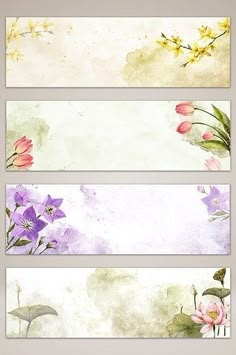 three watercolor banners with flowers on them