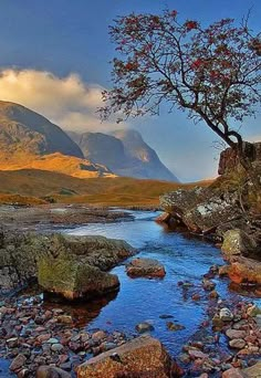 a river running through a lush green hillside covered in rocks next to a mountain range