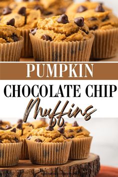 pumpkin chocolate chip muffins on a wooden board with text overlay that reads pumpkin chocolate chip muffins