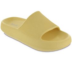 Head off to the pool or beach in style with these casual slides that bring a good dose of comfort to your steps. From MIA Shoes. Beach Slippers With Textured Sole And Slip-on Fit, Trendy Slip-on Platform Slippers For Vacation, Casual Foam Slip-on Flip Flops, Comfortable Summer Platform Slippers With Textured Sole, Sporty Slip-on Sandals For Beach, Slip-resistant Slide Sandals For Spring, Beach Foam Slippers With Non-slip Details, Spring Slip-resistant Synthetic Slides, Trendy Solid Color Beach Flip Flops