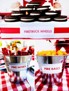 there is a red and white checkered table cloth with cookies in buckets on it