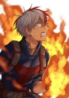 an anime character in front of fire