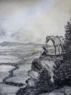 a drawing of two horses standing on top of a mountain