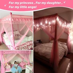 Transform her bedroom into a magical princess haven with our Twin Size Canopy Bed! Easy to set up and utterly charming, it creates the perfect dreamy atmosphere. Whether on the bed frame or suspended from the ceiling with included hooks and ropes, this canopy offers style and insect protection for a peaceful sleep. Includes light strip (no battery used), 100 stars, colorful flags, and ribbons for a truly enchanting experience! SPECIFICATIONS: Size: Twin Brand: YEERSWAG Color: Pink Style: Modern Twin Canopy Bed, Girls Canopy, Stars Colorful, Princess Canopy Bed, Canopy Bed Curtains, Magical Princess, Dreamy Atmosphere, Twin Size Bed, Princess Bed