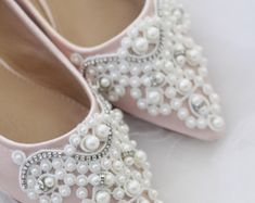 WHITE Satin Pointy toe flats with oversized PEARLS APPLIQUE | Etsy Elegant Pink Ballet Flats For Party, Elegant Pink Flats For Wedding, Elegant Pink Wedding Flats, Elegant Almond Toe Ballet Flats For Wedding, Elegant White Ballet Flats For Party, Elegant Closed Toe Flats For Reception, Elegant Flat Wedding Shoes For Reception, Women Wedding Shoes, Wedding Shoes Bridesmaid