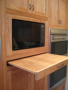 a microwave oven sitting on top of a wooden counter