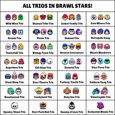 the all trios in brawl stars are shown with their names and numbers on them