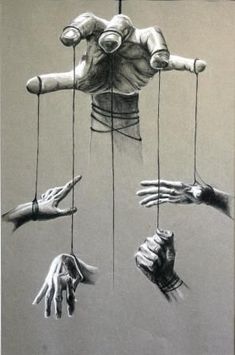 a drawing of several hands reaching for something hanging from the ceiling with strings attached to them