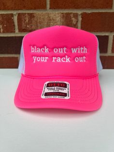 Trucker Hat Stay cool and show off unique style with this Black out with your rack out Trucker Hat. This made-in-house hat is perfect for spring and summer days, especially for girls' nights out. The statement on the cap will surely turn heads and get conversations going. Be prepared to stand out. BULK ORDERS 6 PCS OR MORE! - PLEASE CONTACT US FOR A DISCOUNT CODE BEFORE ORDERING 6 PIECES= 30% OFF 12 PIECES = 40% OFF 24 PIECES = 50% OFF 48 PIECES = 55% OFF 96+ PIECES = 60% OFF All discounts inclu Crafts 2024, Hat Business, Cabin Crafts, Winston Salem Nc, 30th Bday, Winston Salem, Friend Group, Custom Hats, World Famous