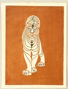 an orange and white drawing of a tiger sitting on top of a brown background with black lines