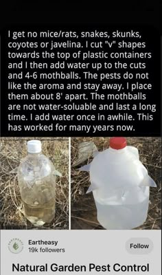 an ad for natural garden pest control, with two images of plastic bottles in the grass