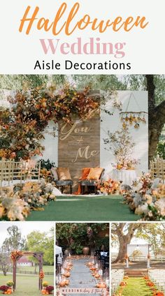 a collage of photos with the words, halloween wedding aisle decorations and flowers on it