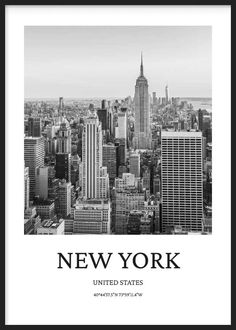 the new york city skyline in black and white, with the words'new york united states