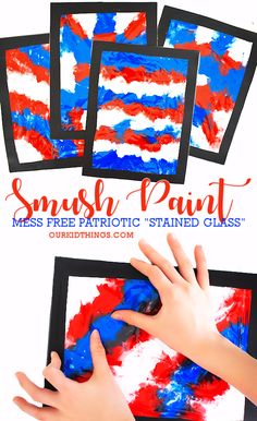 kids are painting patriotic red, white and blue art with their hands on the frame