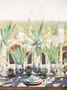 the table is set with succulents and candles