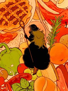 a painting of a monkey holding a stick in front of many different fruits and vegetables