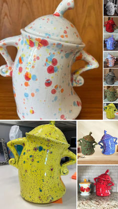 several different pictures of colorful ceramic vases on shelves and in the background are photos of kitchen utensils