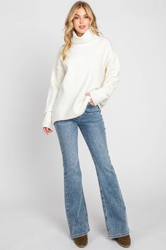 -Color: Off White -Solid Turtleneck Sweater -Content: 74% Acrylic 22% Polyester 4% Spandex -Hand wash cold/ Lay flat to dry -Imported -Relaxed fit -Fits true to size -Approx. Length 23" -Model is 5'8" and wearing size Small White Turtleneck Sweater Outfit, Baggy Turtleneck, Turtleneck Sweater Outfit, White Turtleneck Sweater, Party Fits, White Turtleneck, White Solid, Modern Fashion, Engagement Party