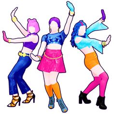 three women in different colored outfits are dancing