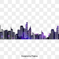 a purple cityscape with buildings and lights on the side, in front of a white background