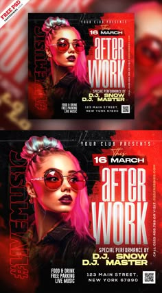 two flyers for a club or event with an image of a woman wearing sunglasses and pink hair