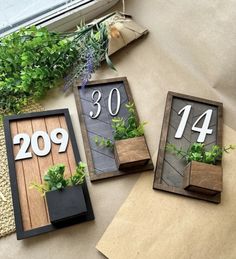 three wooden signs with numbers and plants in them