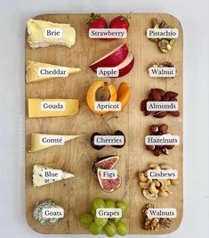 a wooden cutting board topped with lots of different types of cheeses and fruit on it