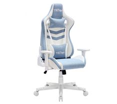 a blue and white office chair with the word techie on it's back