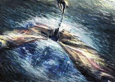 an abstract painting of water pouring out of a boat's hulls into the ocean