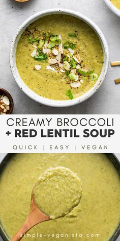 creamy broccoli and red lentil soup in a bowl with a wooden spoon