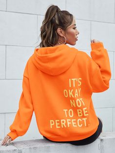 Laranja Casual Collar Manga Comprida Tecido de malha Slogan Pulôveres Embellished Não elástico Imperfect Art, Trendy Streetwear, Winter Chic, Drawstring Hoodie, Hoodies For Sale, Long Sleeve Sweatshirts, Types Of Collars, Casual Outfit, Blue Fashion