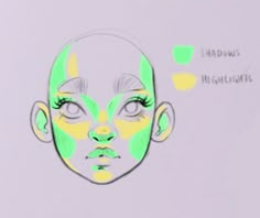 a drawing of a woman's face with green and yellow highlights