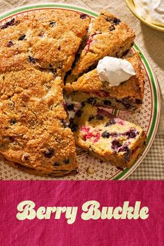 berry buckle cake on a plate with whipped cream