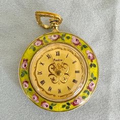 Vintage Ladies 18 Karat Solid Gold Rondine Watch Swiss Made 1940's 17 Jewel Mechanical Movement Open Face Pendant, Purse Or Pocket Watch. Roman Numerals, Gold Gilded Dial, Fancy Hands. With Colorful Flowered Floral Guilloche Enameled Case And 18 Karat Gold Flattened 3mm 25 Inch Rope Chain Necklace. Case Is Hand-Painted With Pink Roses On Front Bezel And A Guilloche Enameled Flower Bouquet On The Reverse. Inside Case Is Marked .750 18k Watch, Diameter Is Approx. 1 3/16 Inch In Diameter. Watch 22. Fancy Hands, Pendant Watch, Face Pendant, Rope Chain Necklace, Pendant Watches, Open Face, Pocket Watches, Mechanical Movement, Enamel Flower